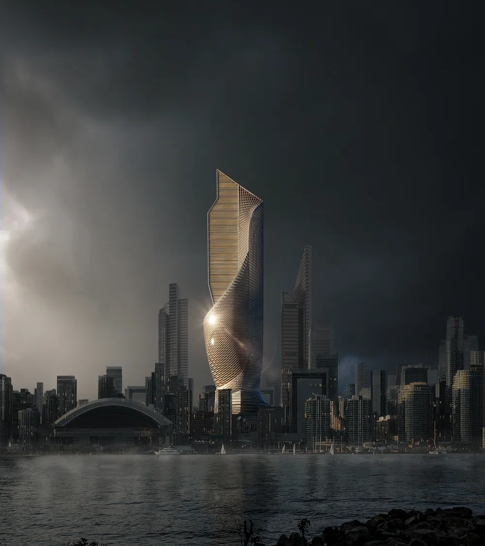 Sky scraper rendering of a futuristic, sculptural high-rise tower glowing with warm lighting, standing prominently in a modern city skyline under dramatic, stormy skies and reflected in calm waterfront waters.