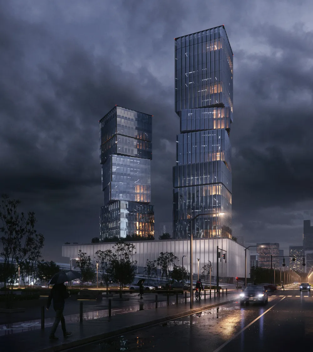 Skyscraper rendering of two stacked-glass towers with dramatic lighting, set against a moody night sky and street-level urban activity.