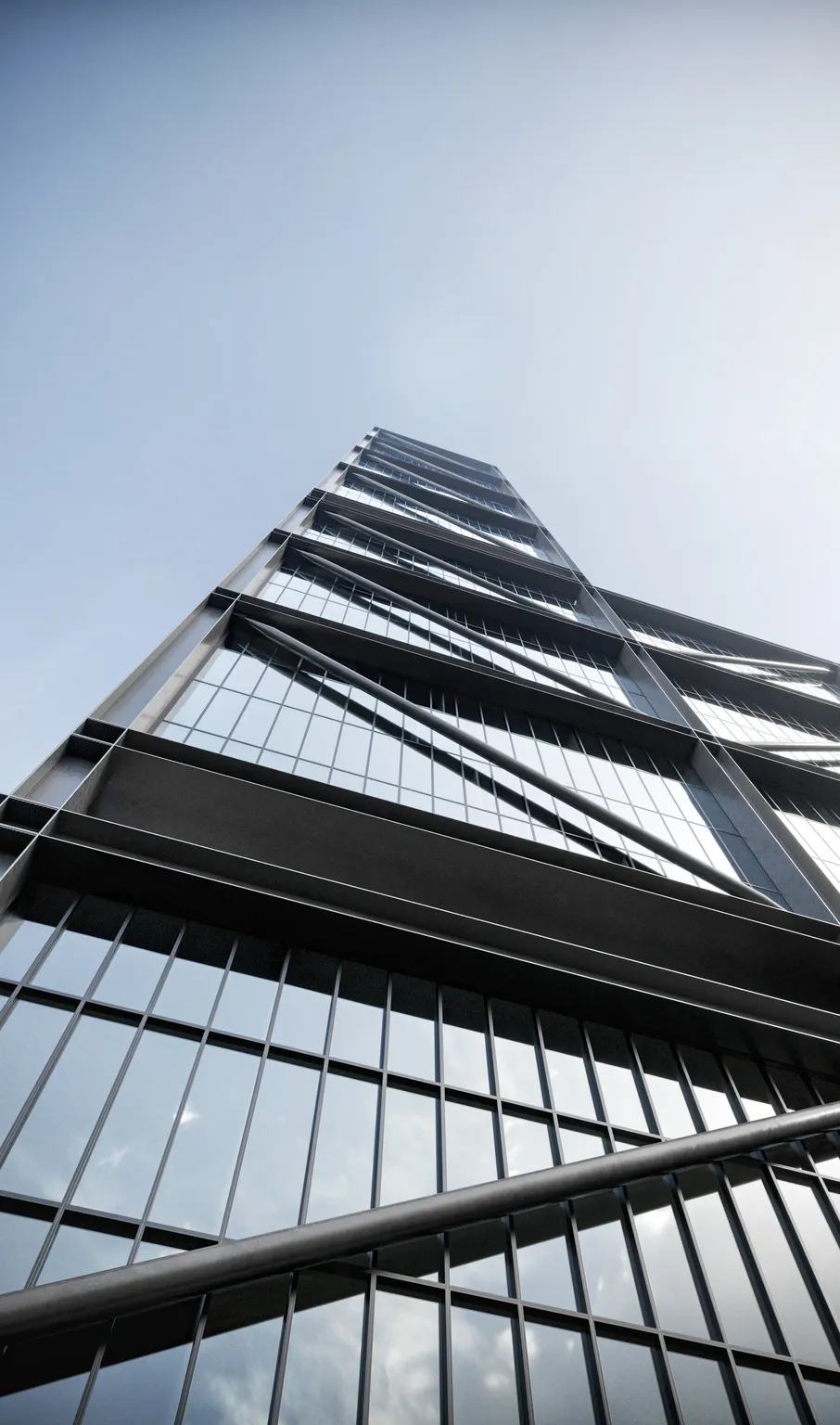 Skyscraper rendering viewed from a low angle, emphasizing the sleek, angular facade and structural cross-bracing of a high-rise tower.
