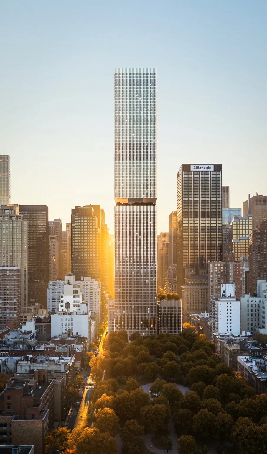 Skyscraper rendering of a tall, modern tower with a setback design rising above a city skyline at sunset, framed by dense urban buildings.
