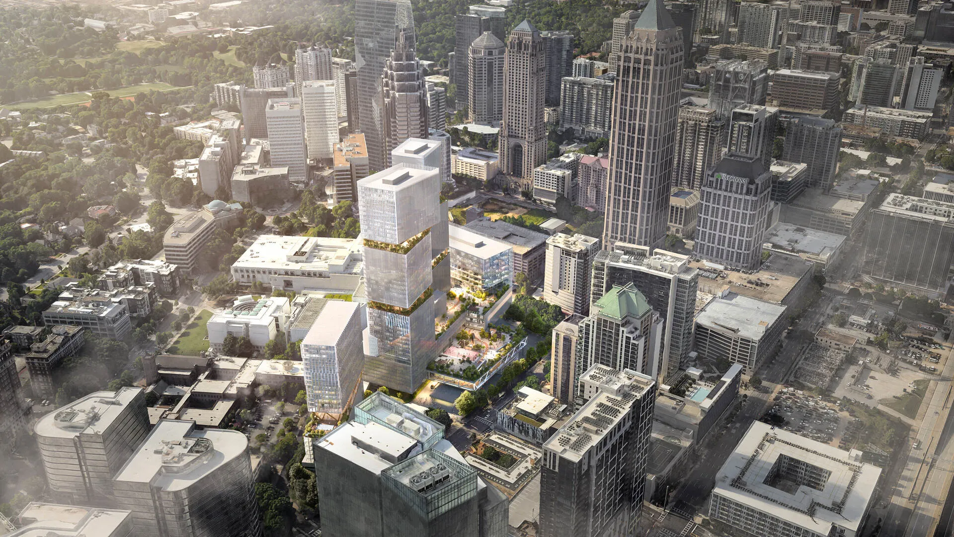 Skyscraper rendering of a multi-tower development integrated into an existing downtown urban fabric with green rooftops, mid-rise buildings, and surrounding high-rises.