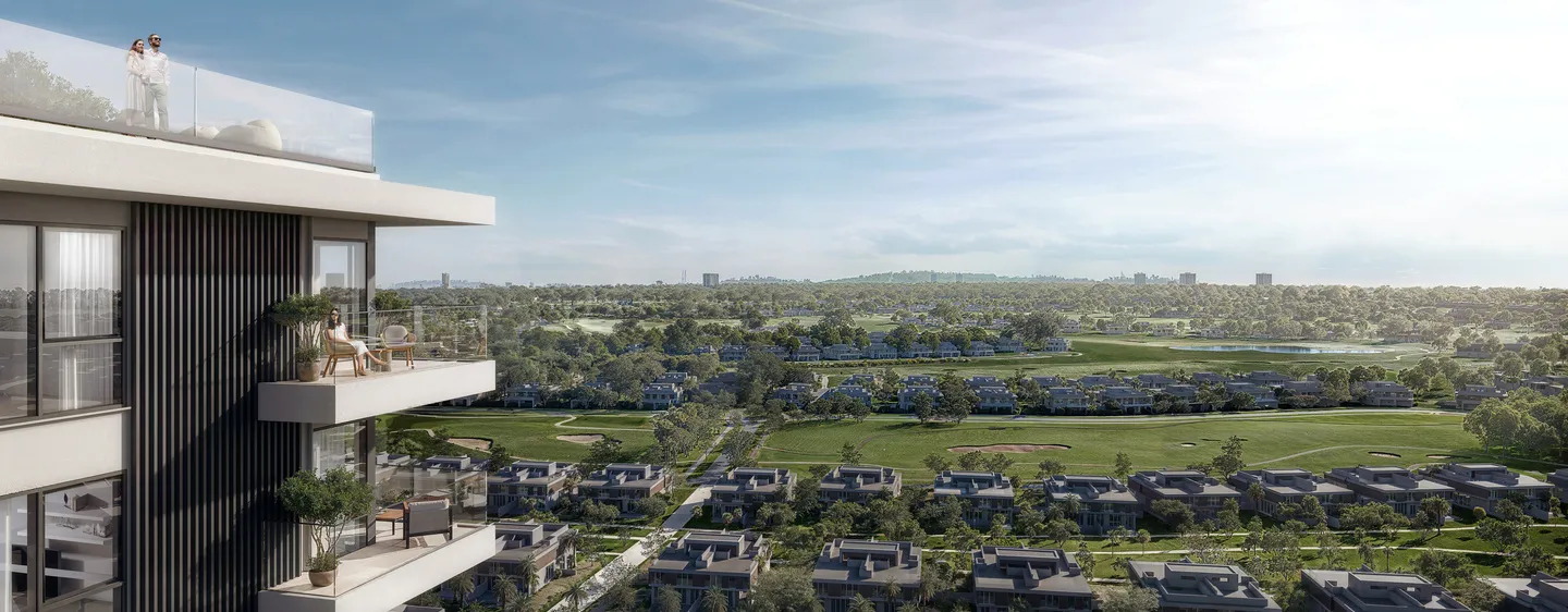 High-rise residential building with expansive views over a lush golf course community – upscale living concept in a construction project portfolio.
