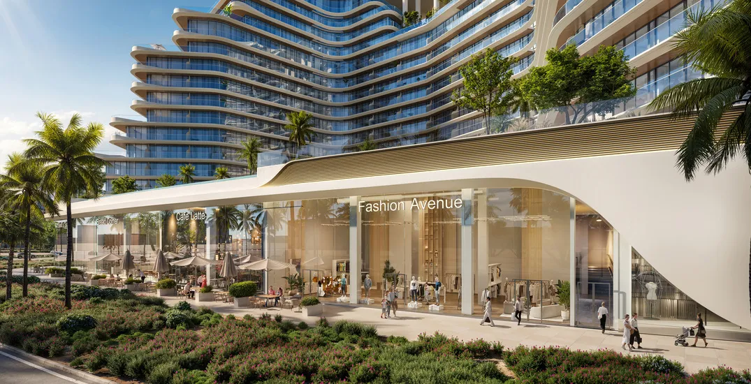 Contemporary mixed-use development featuring curved glass facades, palm trees, and upscale retail spaces labeled “Fashion Avenue” – included in an urban construction project portfolio.
