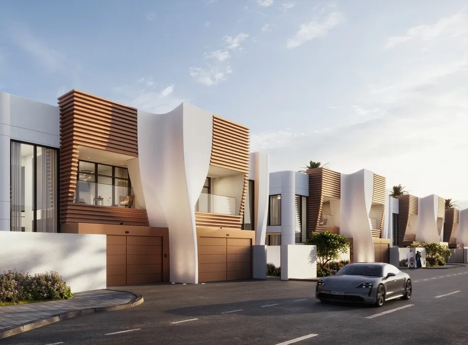 Street view of modern villas with curved facades and wooden accents during the day – 3d rendering vs photography in architectural visualization.