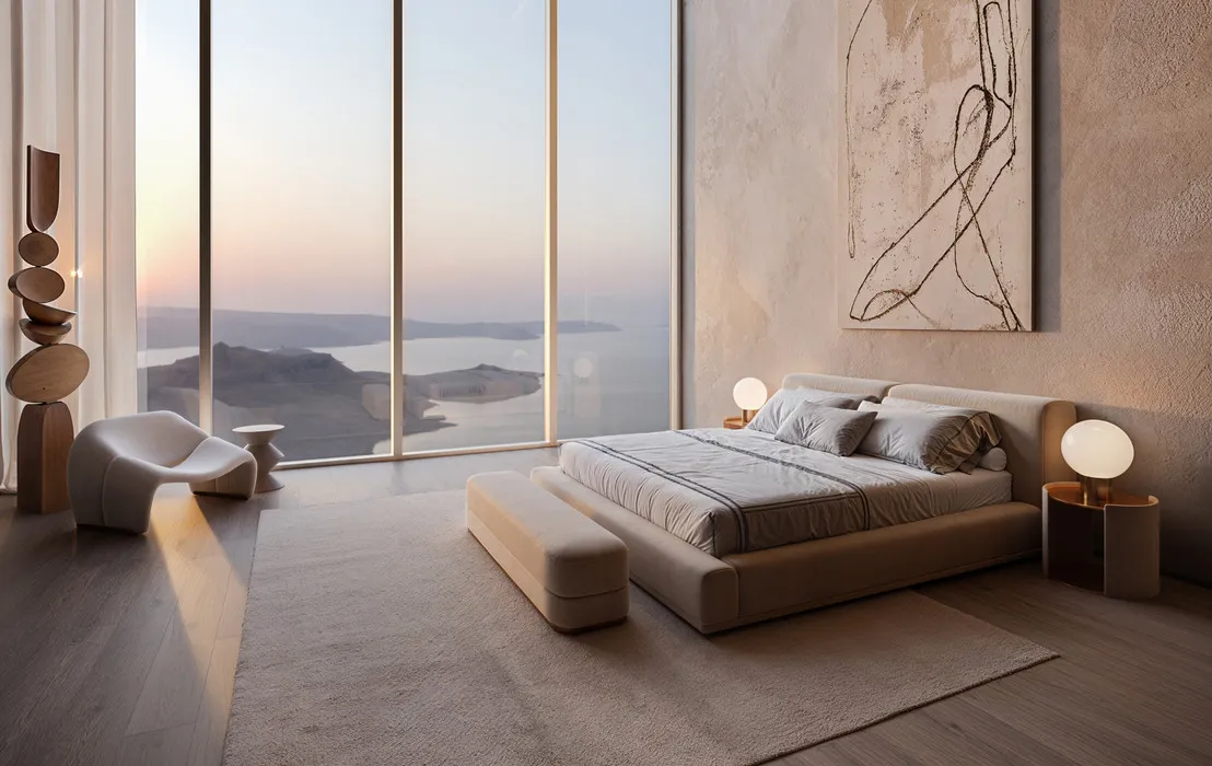 Luxury bedroom with panoramic sea view, modern furniture, and abstract wall art – 3d rendering photography of high-end architecture interiors.