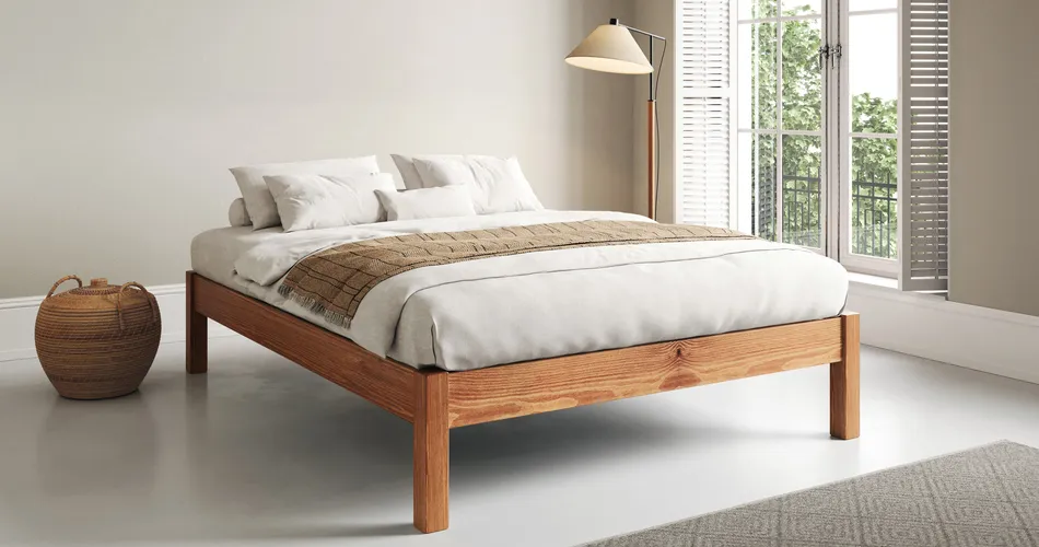 Scandinavian-style bedroom with light wood bed and large window – 3d rendering and photography comparison of clean minimal spaces.