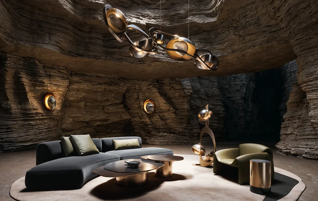 Unique cave-inspired interior with natural rock walls and skylight, styled with outdoor furniture staging of a modern curved sofa, coffee tables, and artistic lighting fixtures.