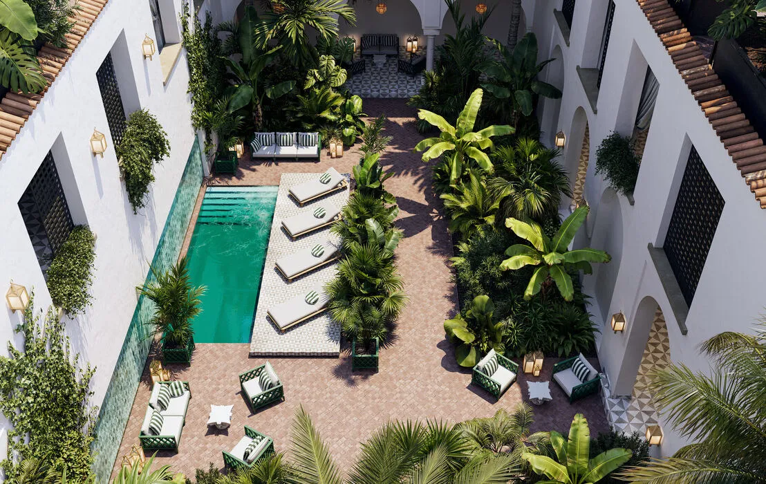 3D render of a Mediterranean-style courtyard with a pool, tropical plants, and outdoor furniture staging, including lounge chairs, sofas, and armchairs arranged around the water.