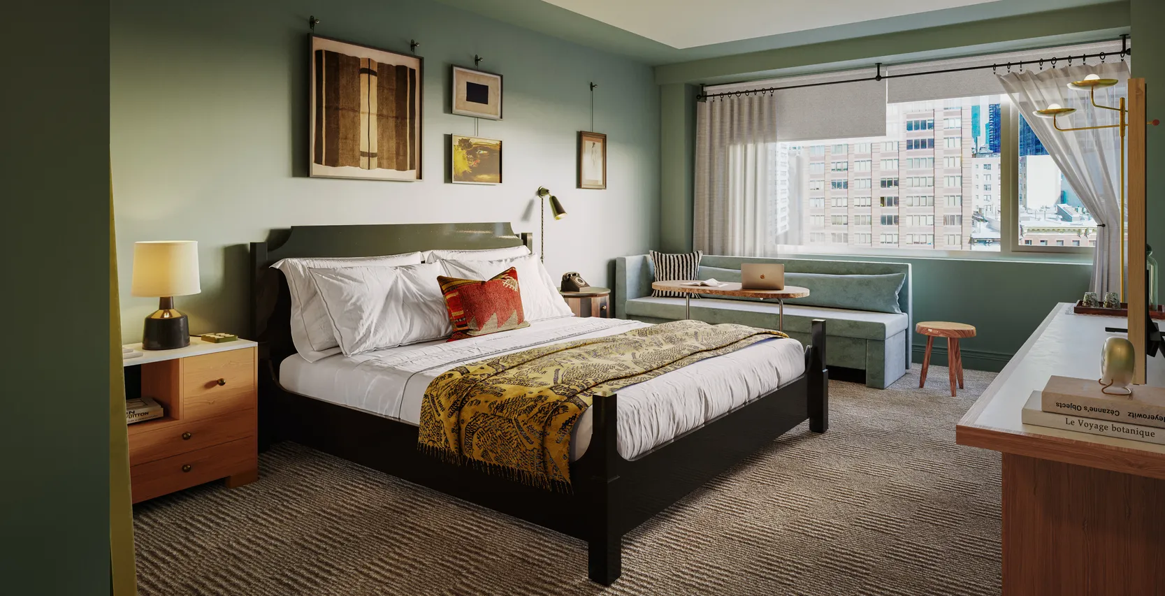 Staging a bedroom in a boutique hotel style with a green accent wall, eclectic artwork, modern lighting, and a cozy seating nook beside a neatly dressed bed.