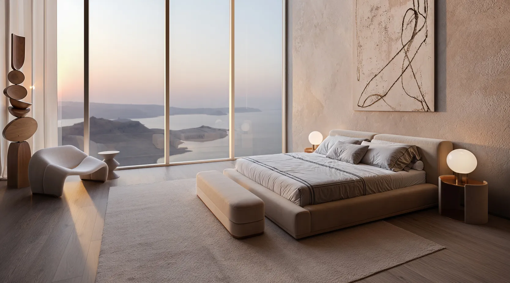 Minimal luxe staging a bedroom overlooking a panoramic landscape, with a low-profile upholstered bed, sculptural decor, soft neutral tones, and expansive floor-to-ceiling windows.