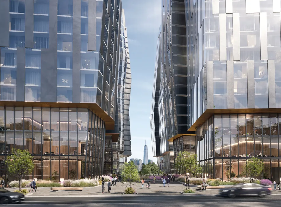 Realistic rendering of pedestrians walking between two sculpted glass towers, showcasing dynamic façades and urban placemaking for marketing for architects.