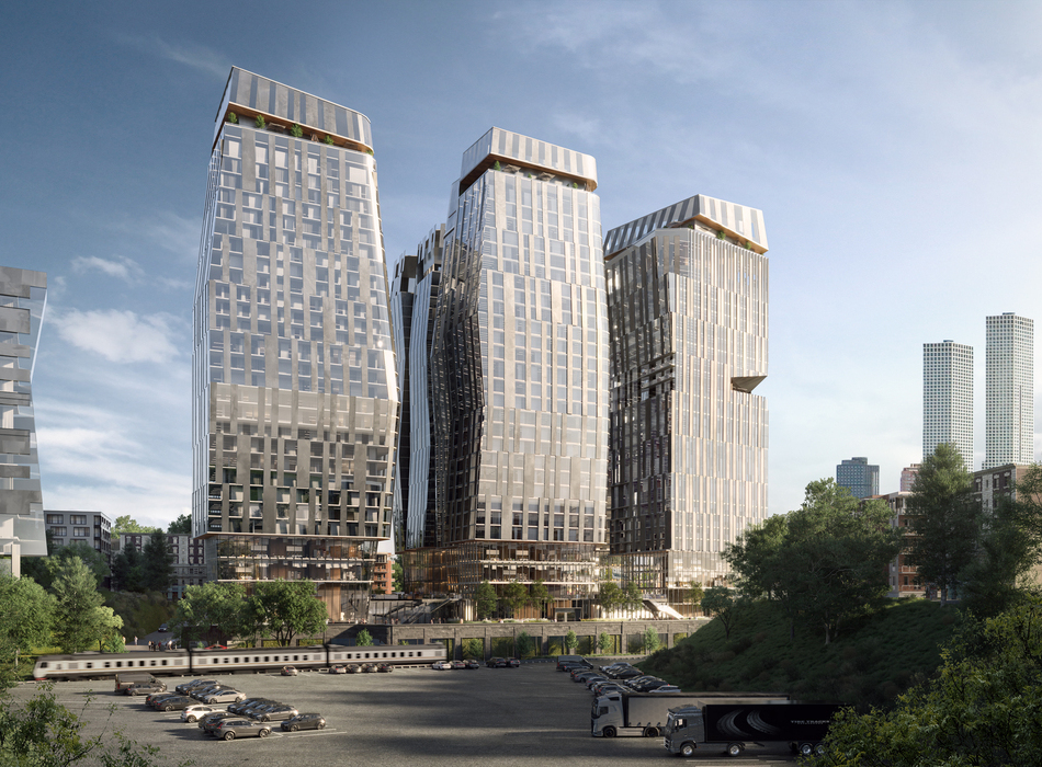 Wide architectural rendering of three modern towers with textured metallic façades rising above landscaped surroundings, designed for marketing for architects to present large-scale mixed-use development.