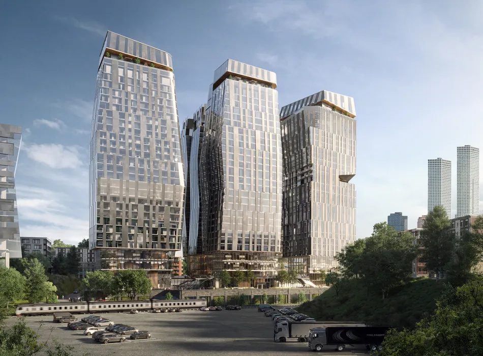 Wide architectural rendering of three modern towers with textured metallic façades rising above landscaped surroundings, designed for marketing for architects to present large-scale mixed-use development.