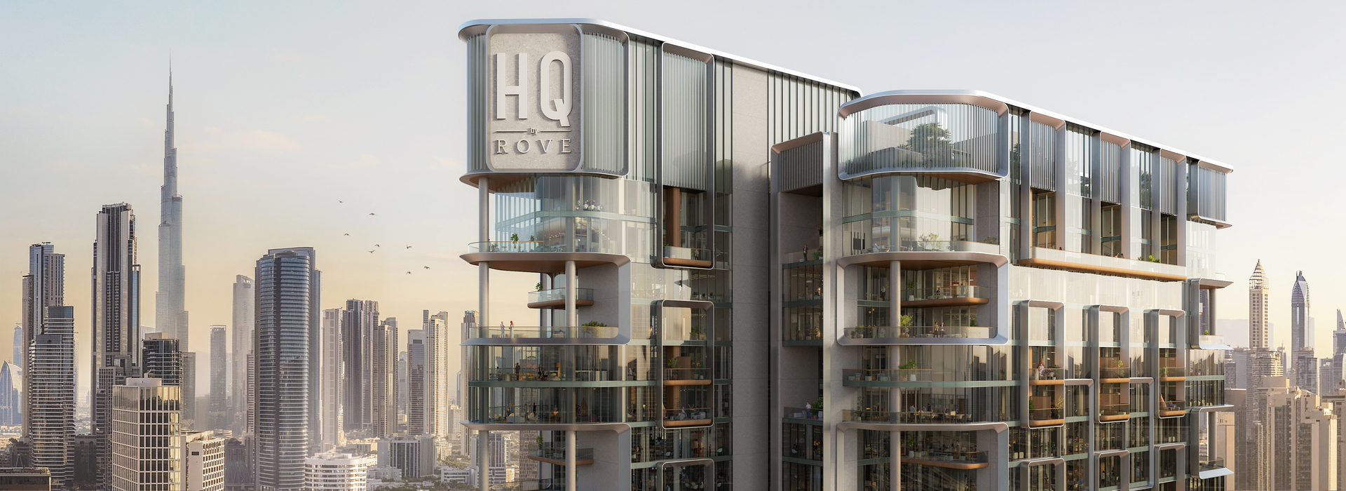 Detailed architectural rendering of a luxury glass high-rise overlooking a dense city skyline, created for marketing for architects to highlight innovative façade design and urban integration.