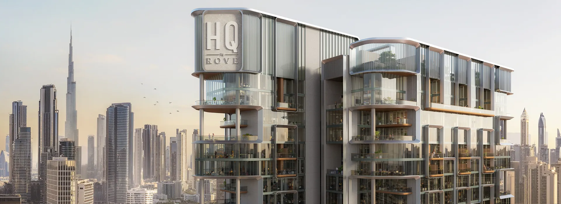 Detailed architectural rendering of a luxury glass high-rise overlooking a dense city skyline, created for marketing for architects to highlight innovative façade design and urban integration.