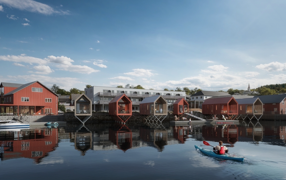 Architectural visualization of modern stilted waterfront cabins with large glass fronts reflecting on calm water, used in marketing for architects to showcase contemporary coastal living design.
