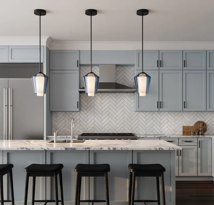 Contemporary kitchen interior with marble island, pendant lighting, and soft gray cabinetry, visualized by a 3D Product Rendering Company Nashville.