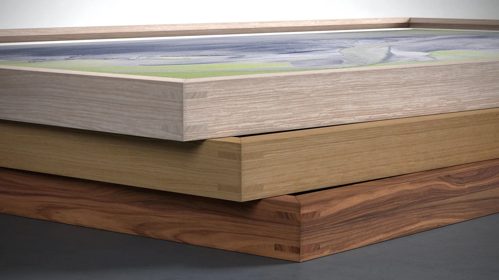Layered wooden slabs with refined joinery and a resin surface detail, showcasing premium material realism by a 3D Product Rendering Company Nashville.