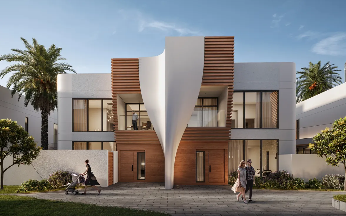 Modern single family home rendering showing a symmetrical two-story residence with a sculptural central form, wood accents, and large glass windows.