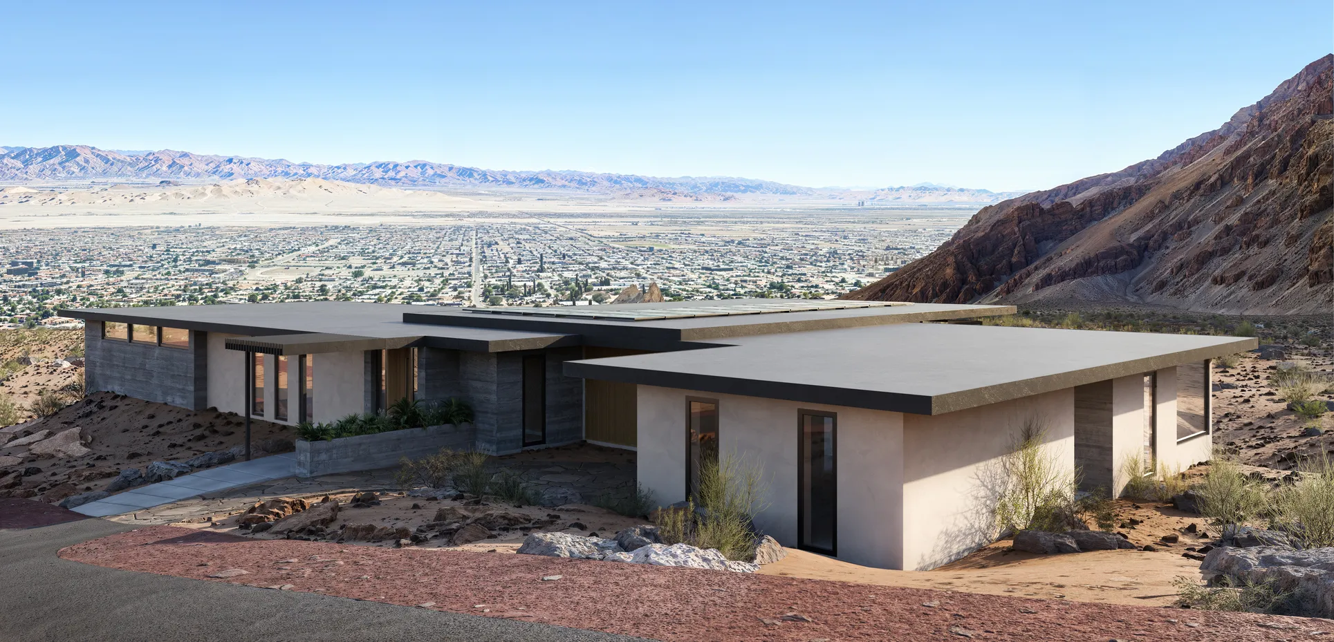 Modern single family home rendering set on a rocky desert hillside with flat roofs, minimalist concrete forms, and panoramic valley views.