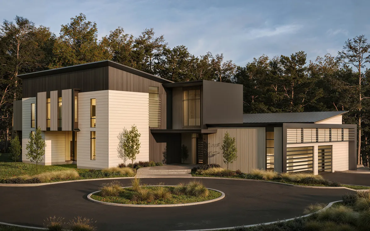 Modern single family home rendering featuring vertical exterior cladding, dramatic window arrangements, and soft warm lighting in a forest setting.