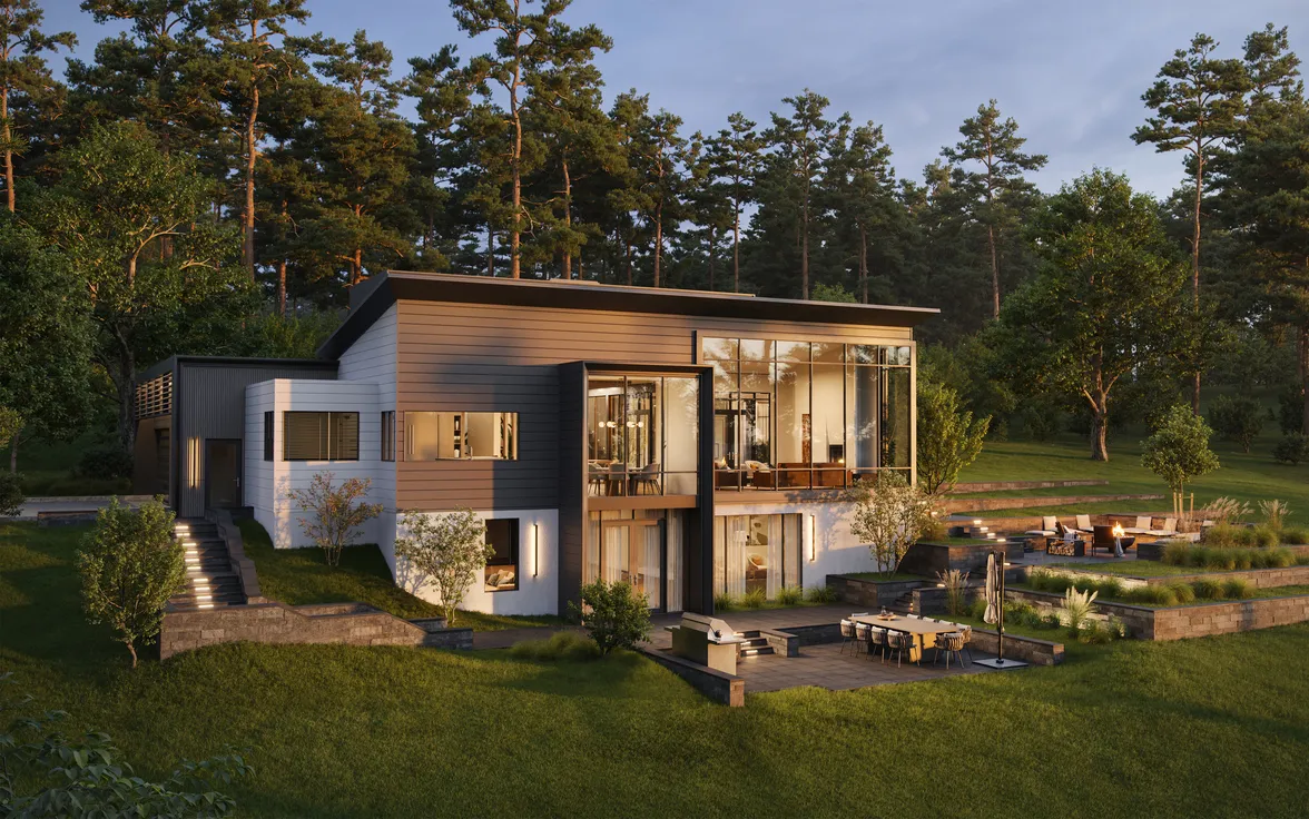 Modern single family home rendering featuring large glass windows, multi-level terraces, and lush forest surroundings.