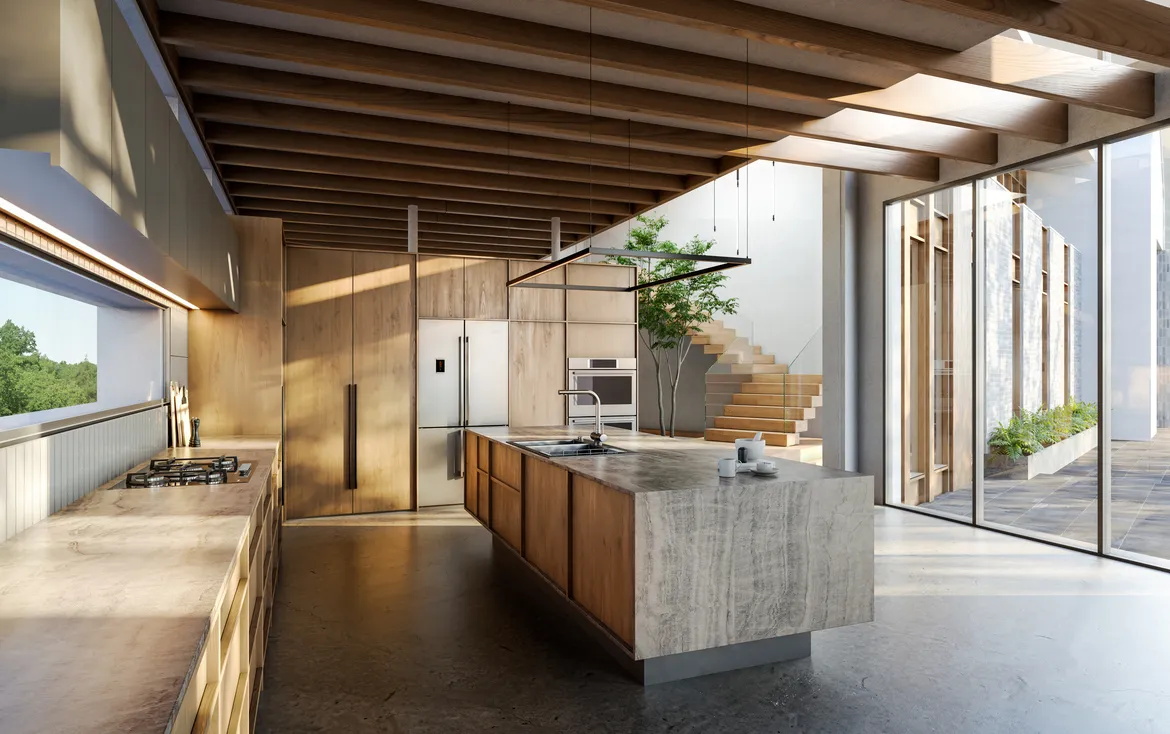 Contemporary single family home rendering showcasing an open kitchen with wood cabinetry, exposed beams, and abundant natural light.
