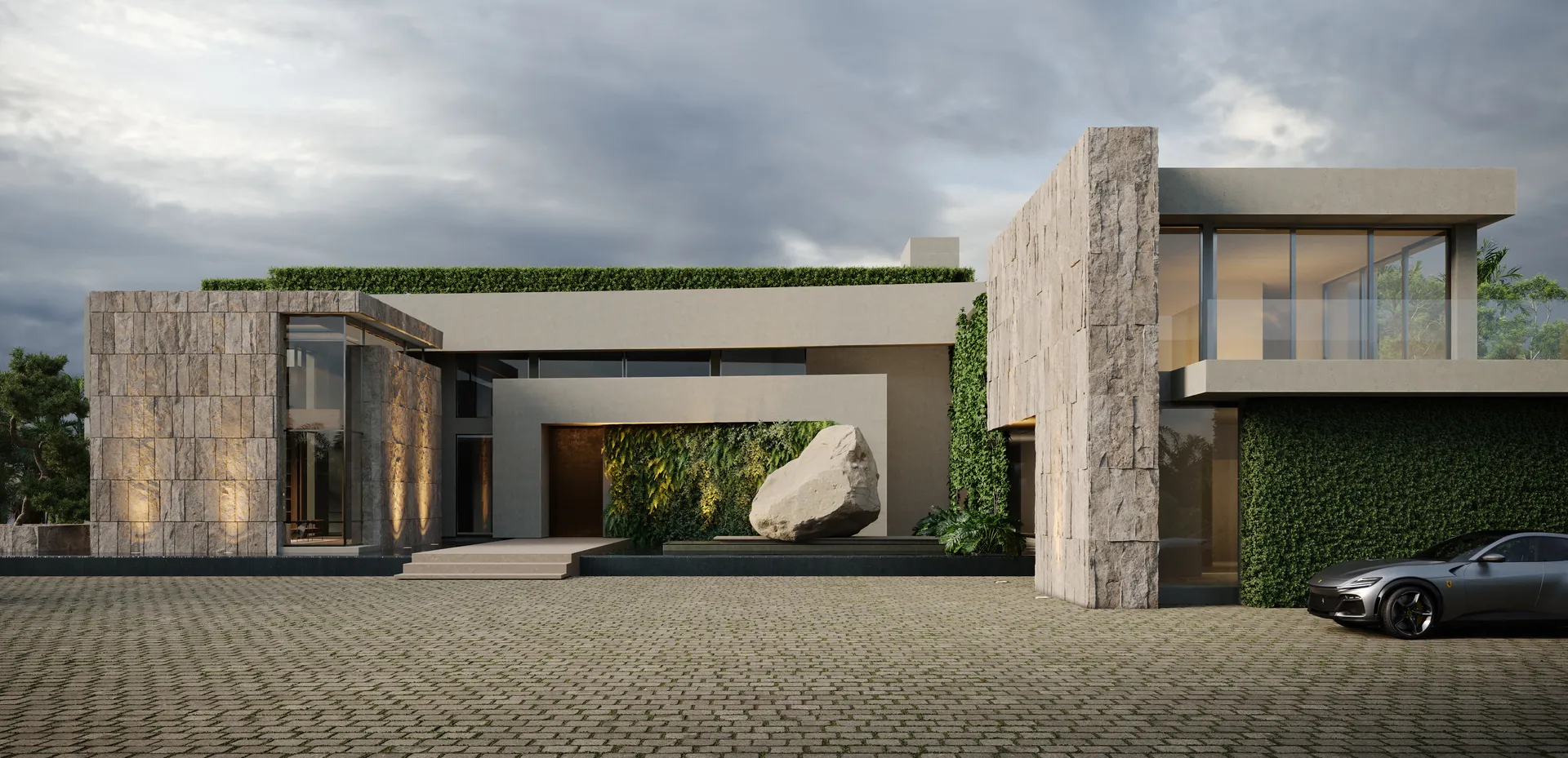 Contemporary single family home rendering with stone façade, lush greenery, and a dramatic sculptural boulder at the entrance.
