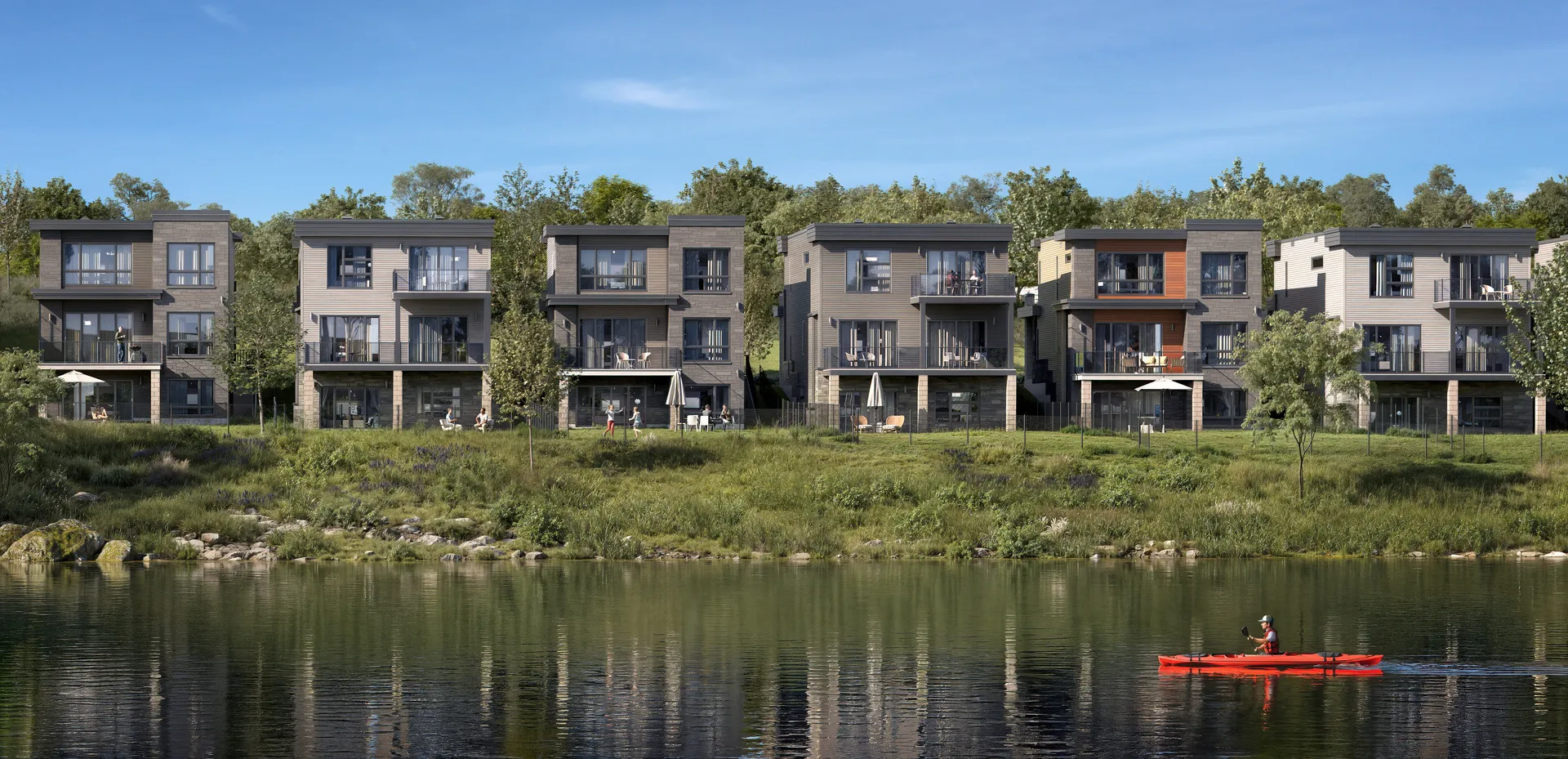 Contemporary single family home rendering of a row of multi-level lakeside residences with balconies, large windows, and lush natural surroundings.