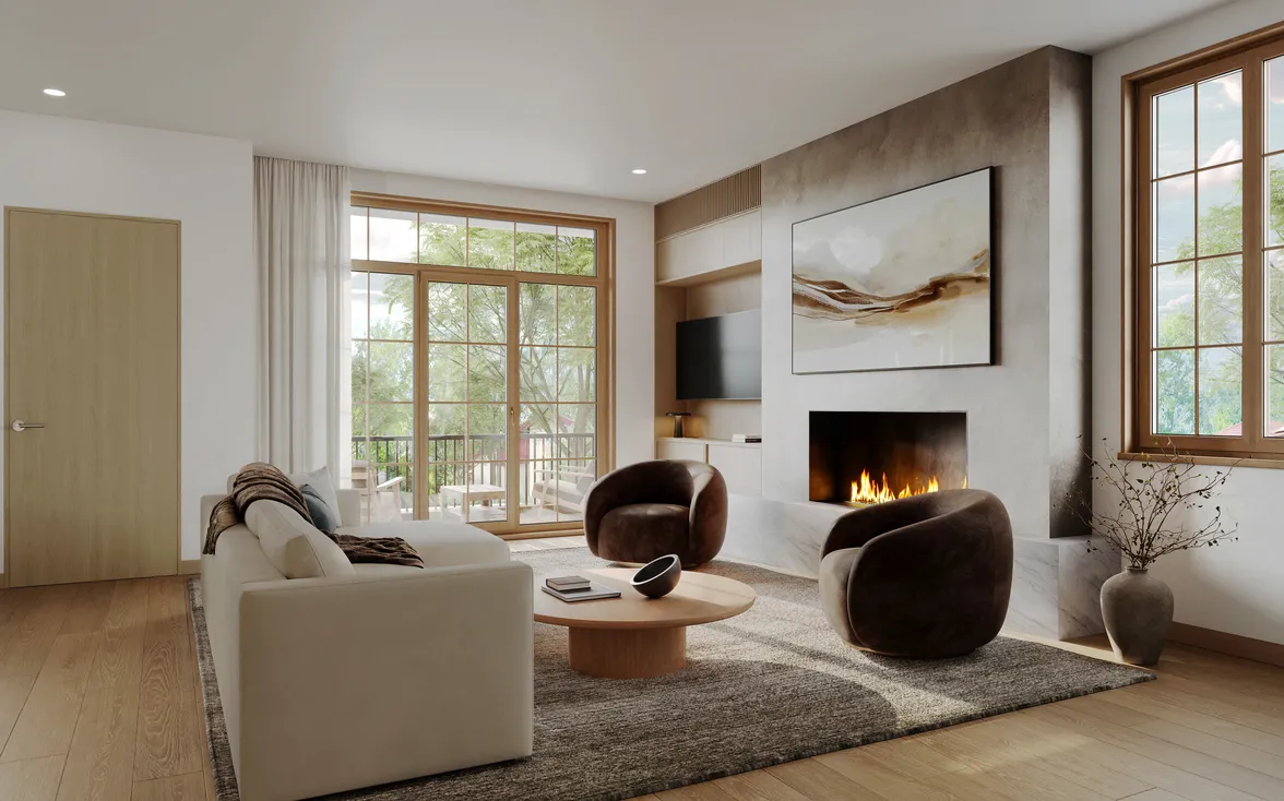 Interior single family home rendering of a modern living room with a fireplace, cozy seating, and expansive windows.