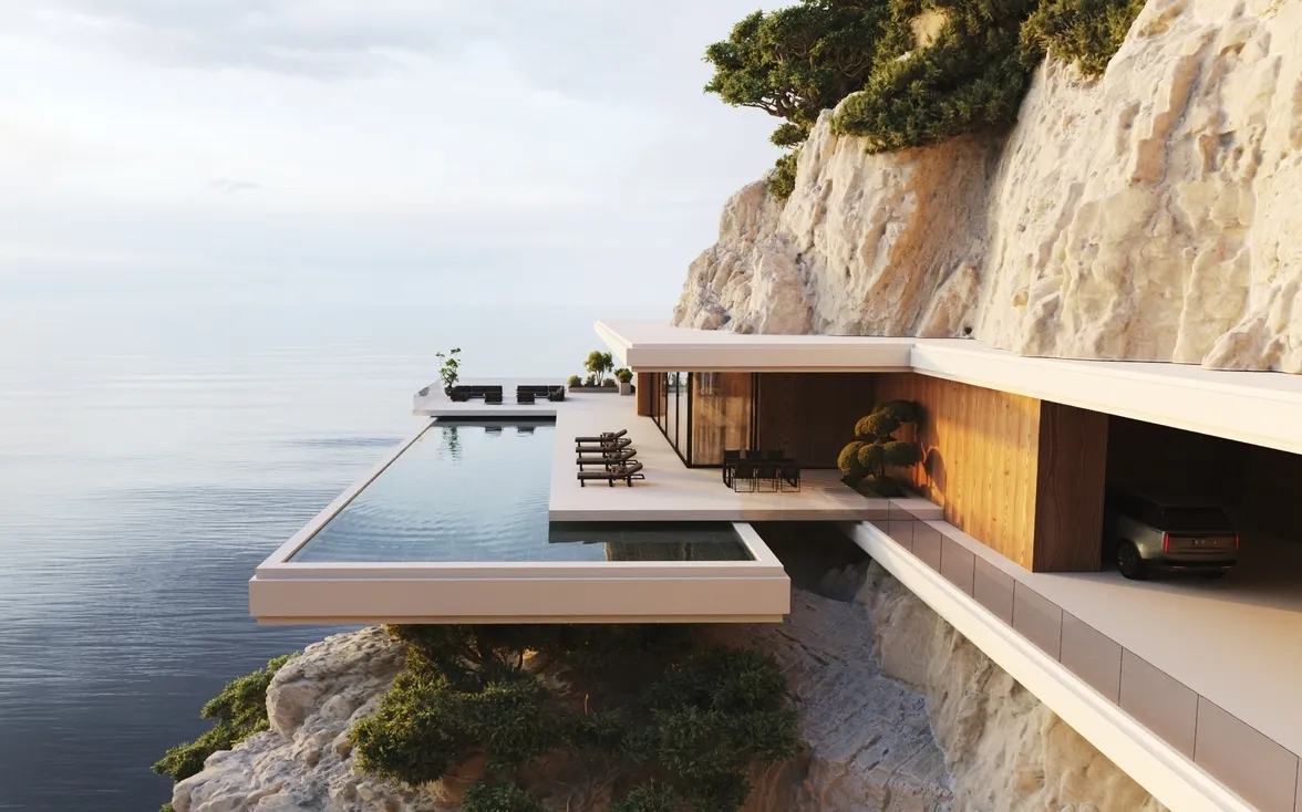 Modern single family home rendering of a cliffside house with an infinity pool and panoramic ocean views.