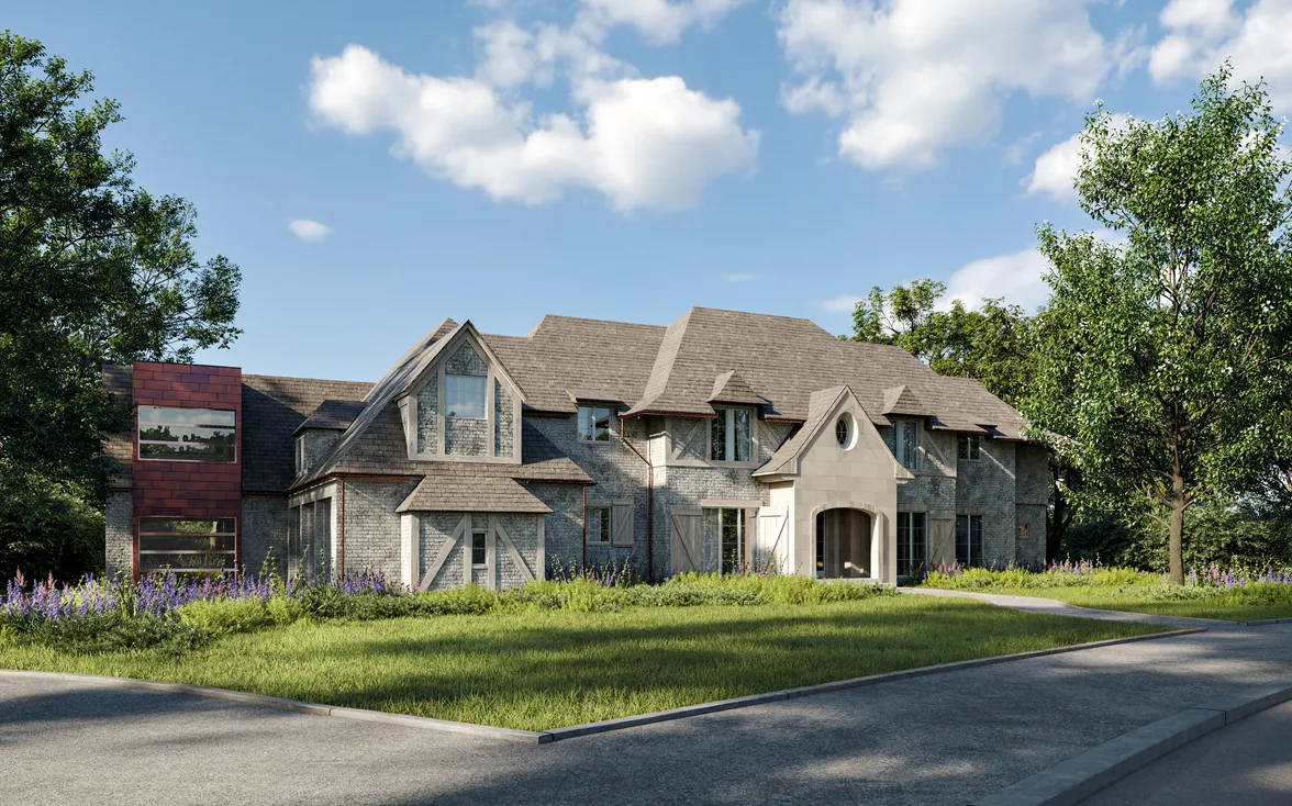 Classic single family home rendering featuring a grand stone estate with steep gabled roofs, dormer windows, and landscaped grounds.