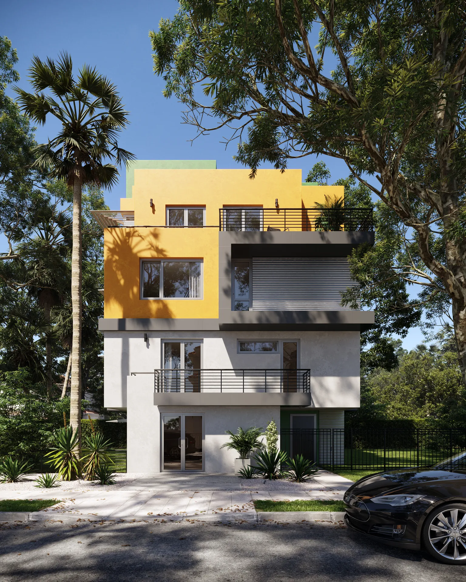 Vibrant single family home rendering of a multi-story residence with bold exterior colors, balconies, and surrounding greenery.