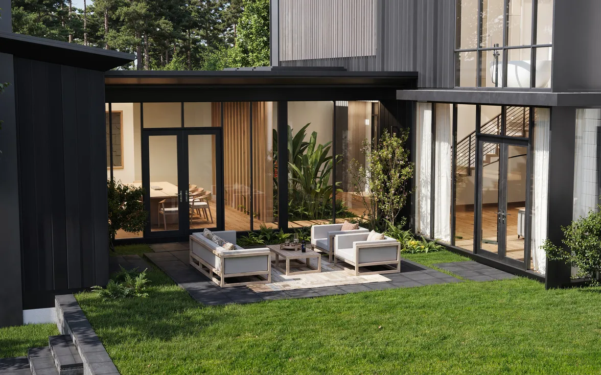 Modern single family home rendering featuring a landscaped courtyard with outdoor seating and floor-to-ceiling glass doors.