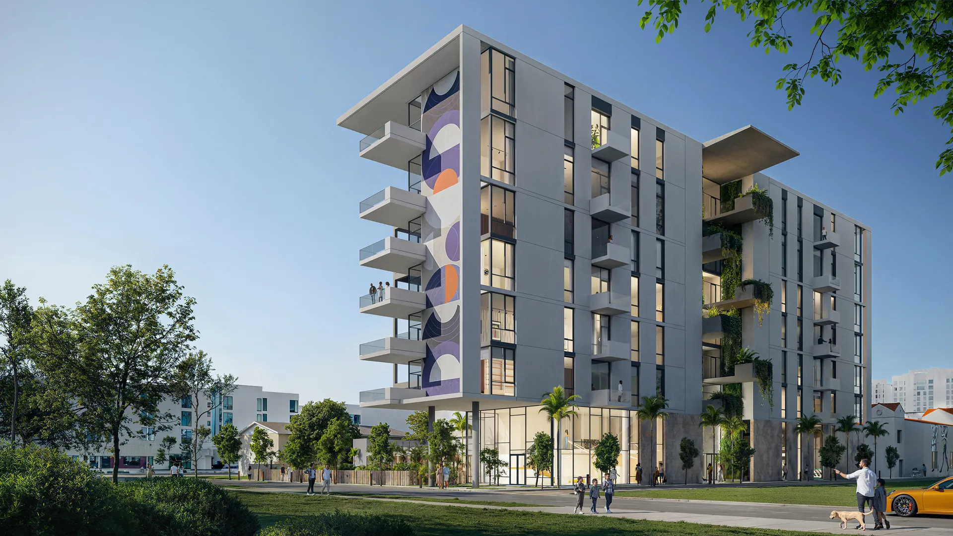 3d rendering in brisbane depicting a modern corner apartment building with stacked balconies, a vertical artistic mural, ground-level public space, and landscaped surroundings in a suburban urban context.