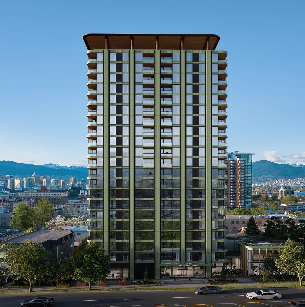 High-rise beachfront building with a wavy glass façade against a clear blue sky, created through professional 3D exterior rendering services.