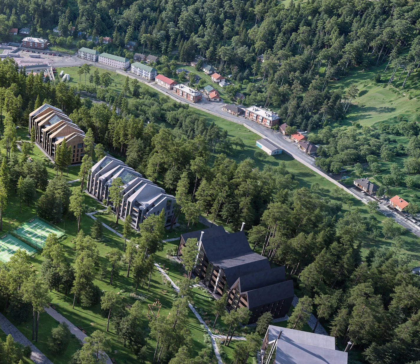 Rust-toned modern building over a small dam in a forested area, designed using detailed 3D exterior rendering services.