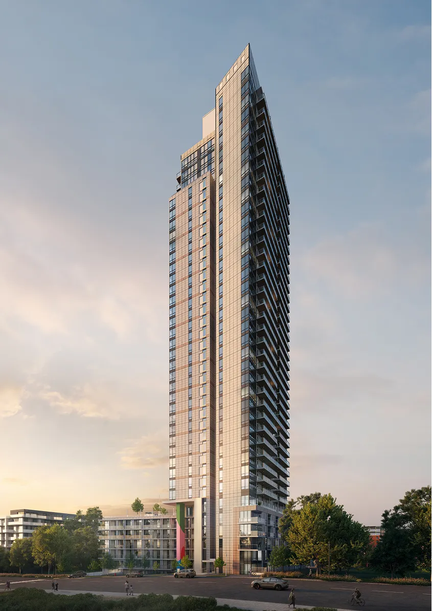 High-rise beachfront building with a wavy glass façade against a clear blue sky, created through professional 3D exterior rendering services.