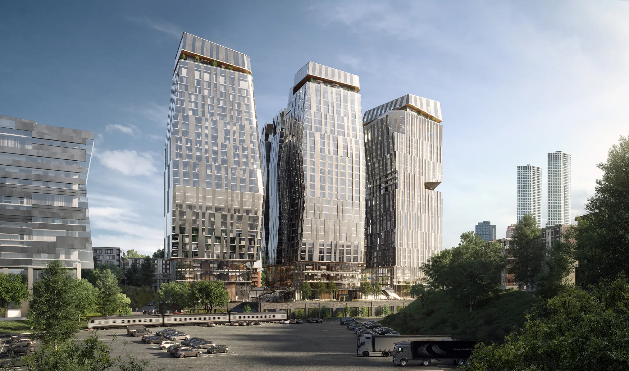 Eco-friendly urban complex with green rooftops and solar panels surrounded by mountains, visualized with 3D exterior rendering services.