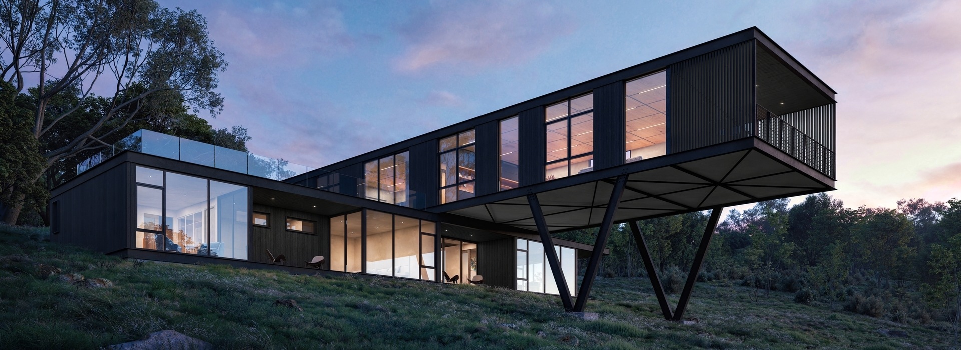 Modern cantilevered hillside house with glass walls and steel structure, architectural 3d rendering Sydney