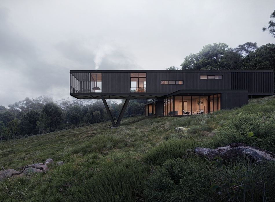 Minimalist black modern house elevated on sloping landscape at dusk, architectural 3d visualisation Sydney