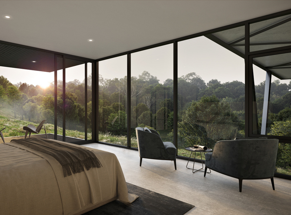 Luxury bedroom interior with floor-to-ceiling windows overlooking forest, interior 3d rendering Sydney
