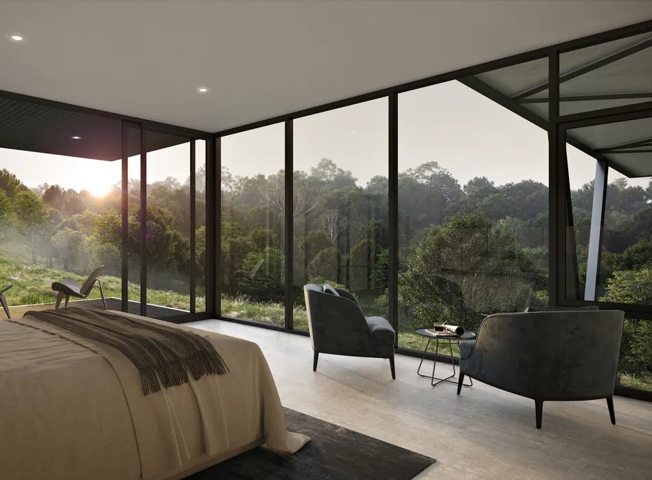 Luxury bedroom interior with floor-to-ceiling windows overlooking forest, interior 3d rendering Sydney