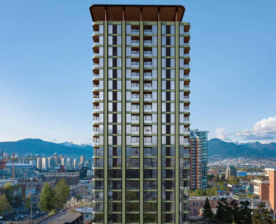 Contemporary residential high-rise tower with balconies and city skyline, architectural 3d visualisation Sydney