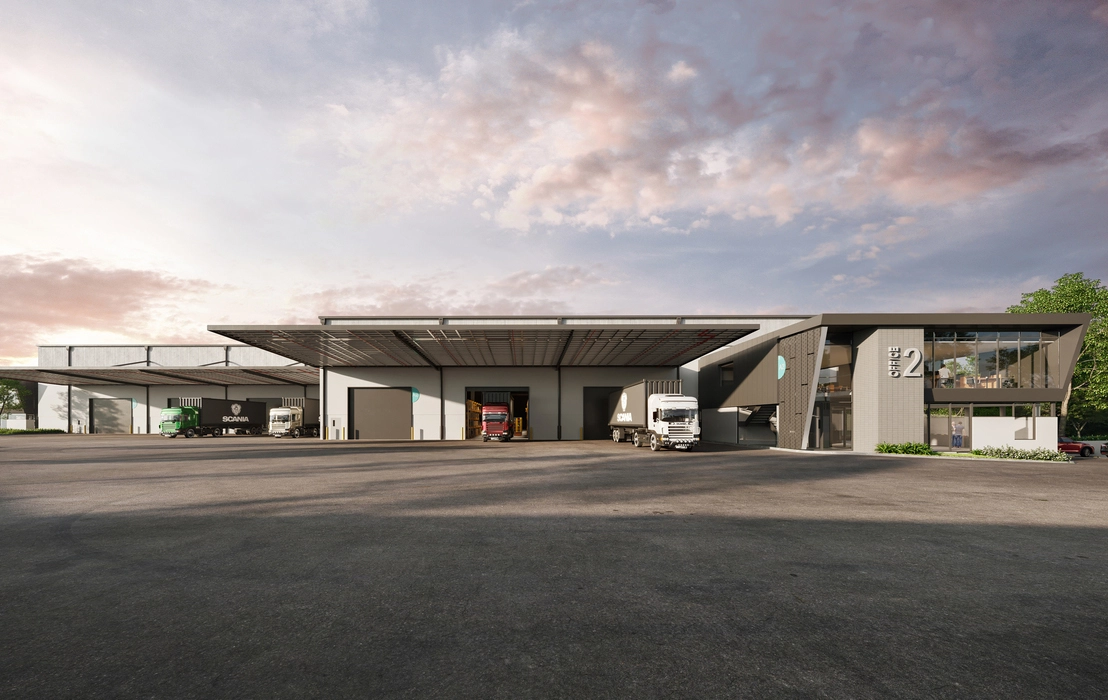 3d warehouse rendering of a logistics distribution center with wide loading areas, docked trucks, office space, and modern industrial materials at sunset.