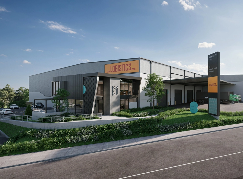 3d warehouse rendering of a contemporary logistics warehouse exterior with branded signage, loading docks, landscaped surroundings, and delivery trucks.
