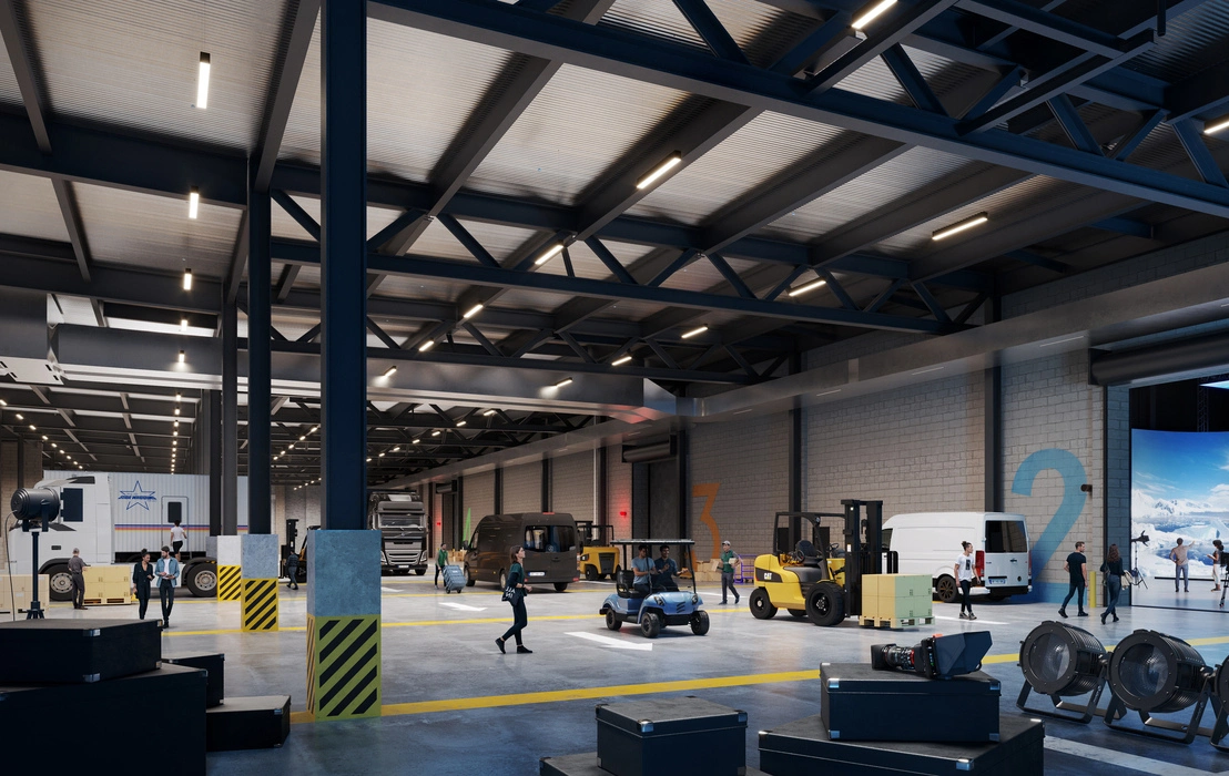 3d warehouse rendering of a spacious warehouse interior showing forklifts, loading vehicles, workers, and industrial lighting in an active logistics hub.