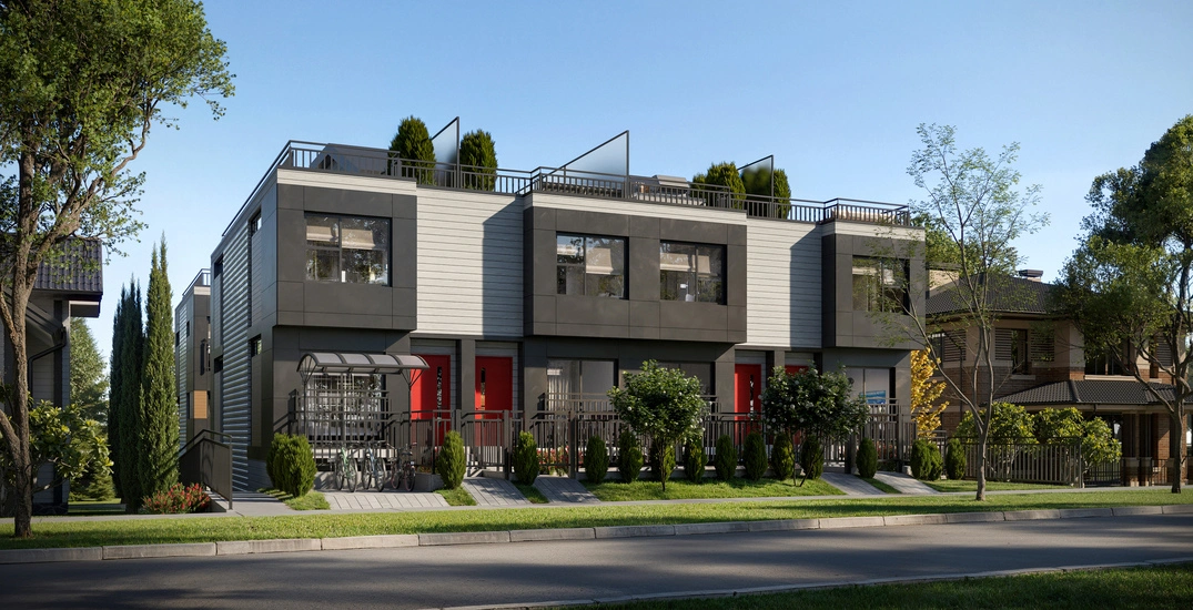 3d rendering of a two story house with modern townhome architecture, flat roofs, and landscaped front yards in an urban residential setting.