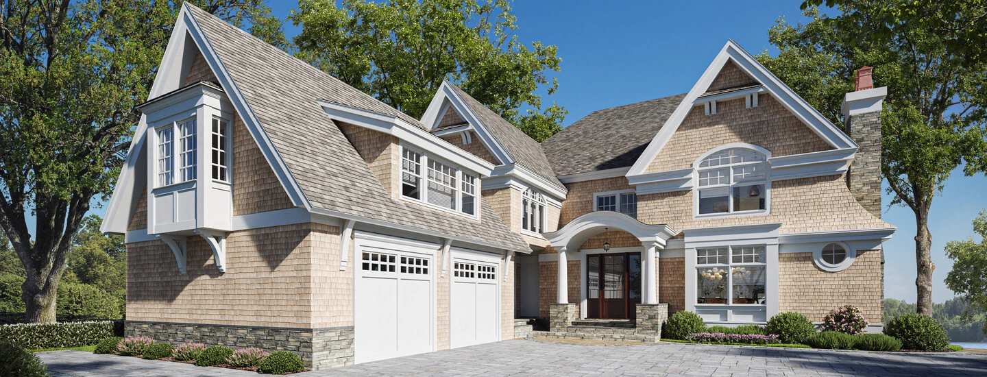 Two story house 3d rendering featuring a traditional home with shingle siding, gabled roofs, stone accents, and a double garage.