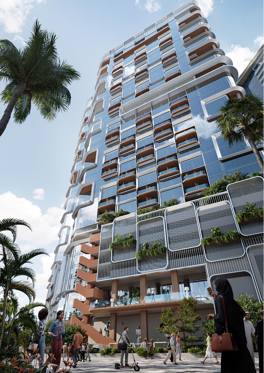 Tall, angular skyscraper with stacked offset volumes and modern façade details — designed using 3D exterior visualization services.